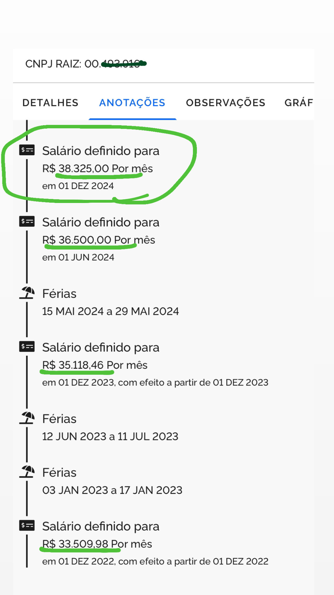 Registro 1 da evolução salarial na Carteira de Trabalho Digital